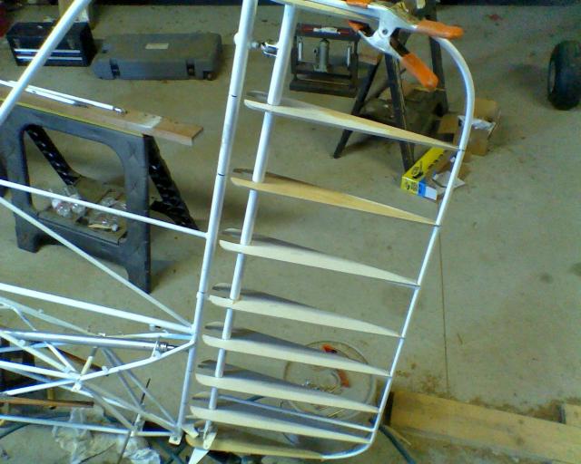 March 27: Fitted the ribs to the rudder.  I left them a bit long and then notched the trailing edge to fit with a rat tail file the same diameter as the tube.